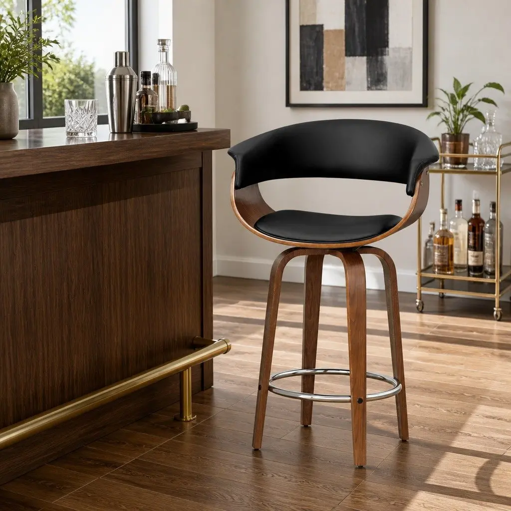 Bar Stools PU Leather Seat Wooden Frame Black Padded Armrest Chrome Footrest 41cm L x 41cm W x 93cm H