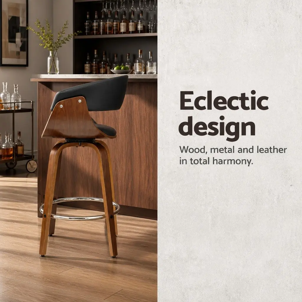 Bar Stools PU Leather Seat Wooden Frame Black Padded Armrest Chrome Footrest 41cm L x 41cm W x 93cm H