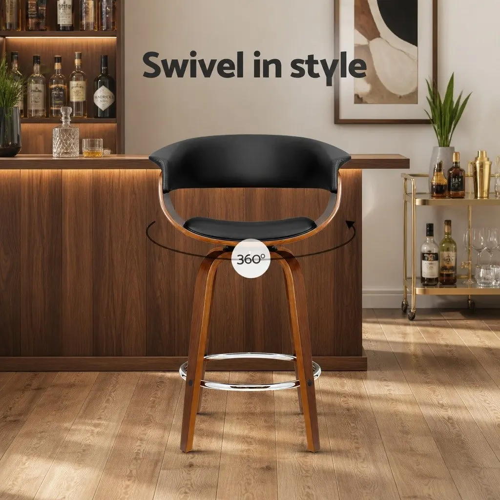 Bar Stools PU Leather Seat Wooden Frame Black Padded Armrest Chrome Footrest 41cm L x 41cm W x 93cm H
