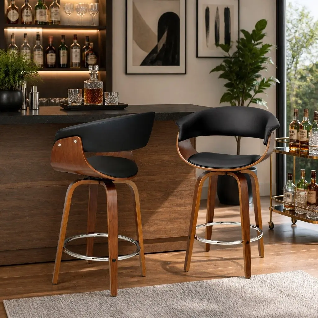 Bar Stools PU Leather Seat Wooden Frame Black Padded Armrest Chrome Footrest 41cm L x 41cm W x 93cm H