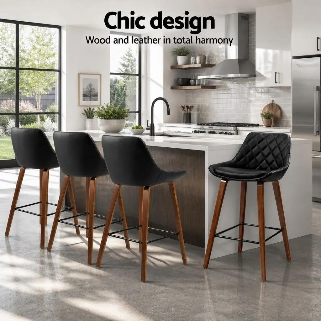 Bar Stools Set of 4 Black PU Leather Seat with Backrest Bentwood Legs Kitchen Counter Height