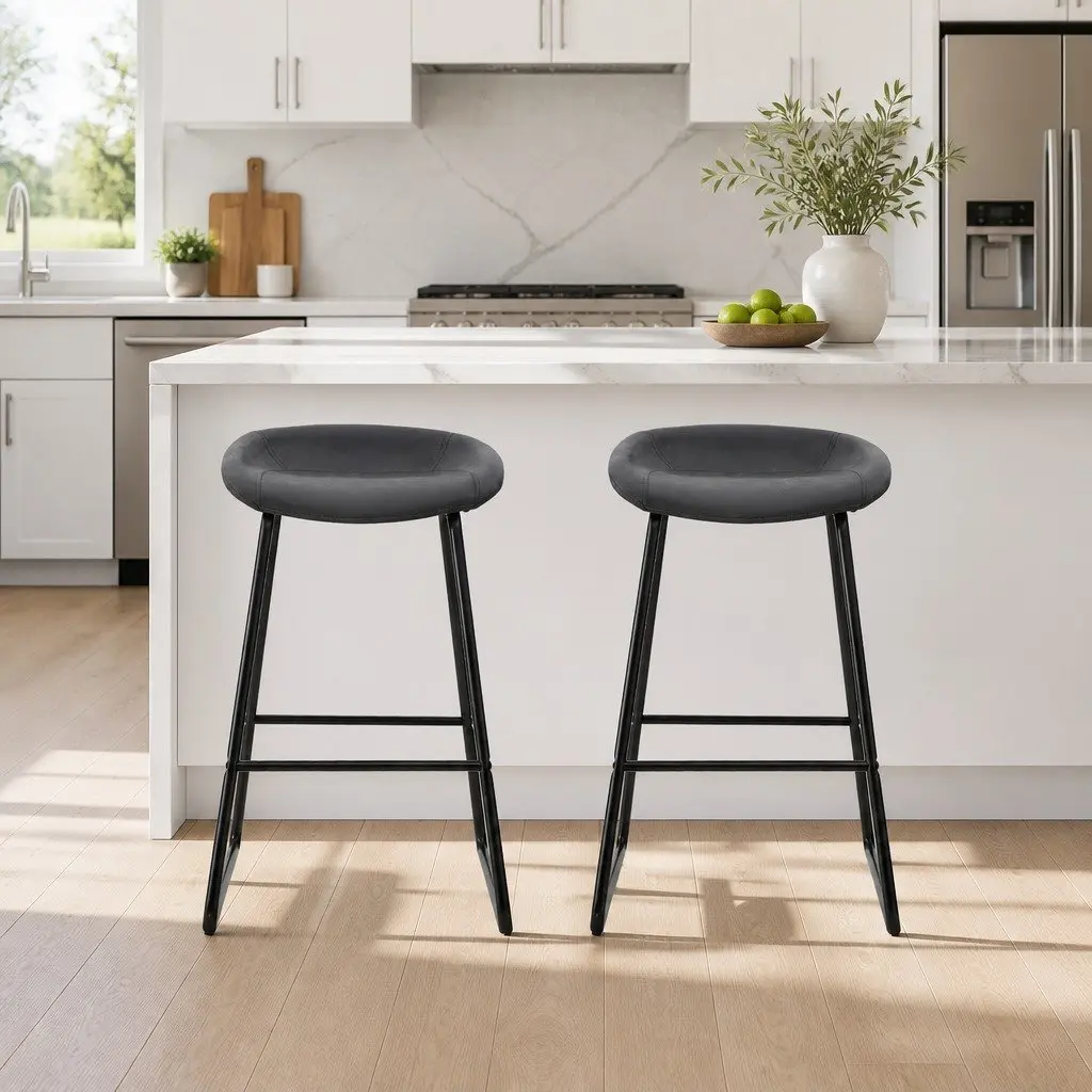 Bar Stools Metal Frame Foam Padded Seat Counter Height 2 Piece Black