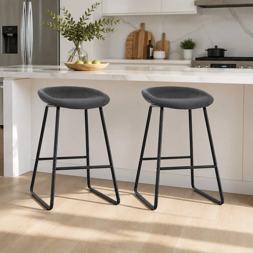 Bar Stools Metal Frame Foam Padded Seat Counter Height 2 Piece Black