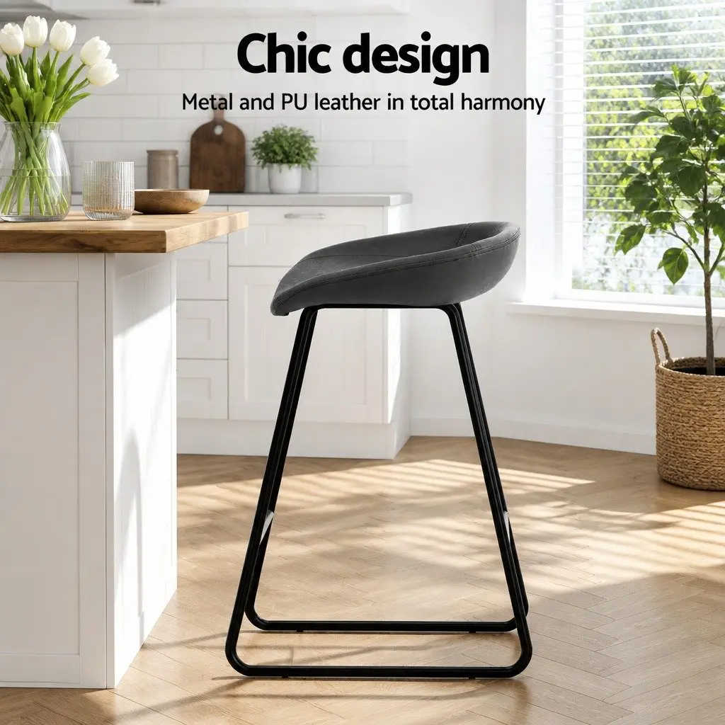 Bar Stools PU Leather Metal Frame Set of 4 Black 46.5cm W x 54cm D x 76cm H