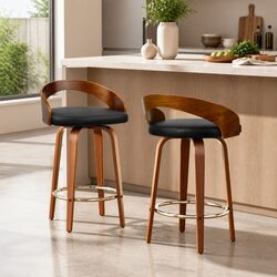 Bar Stools Swivel Seat Curved Backrest Black Walnut Wooden Kitchen Dining Set