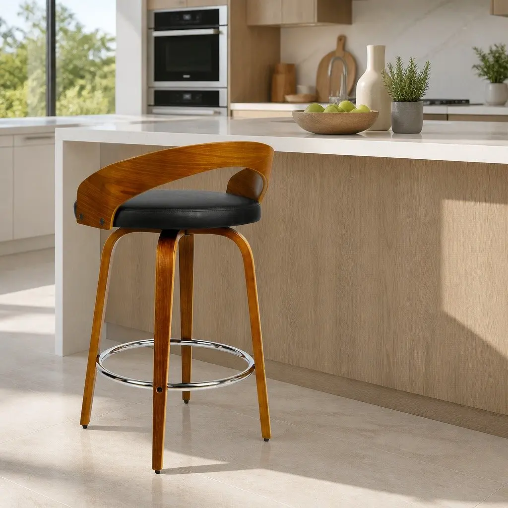 Bar Stools Wooden Swivel Seat Curved Backrest Black Walnut 80cm