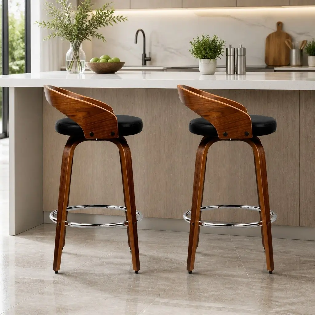 Bar Stools Wooden Swivel Seat Curved Backrest Black Walnut 80cm