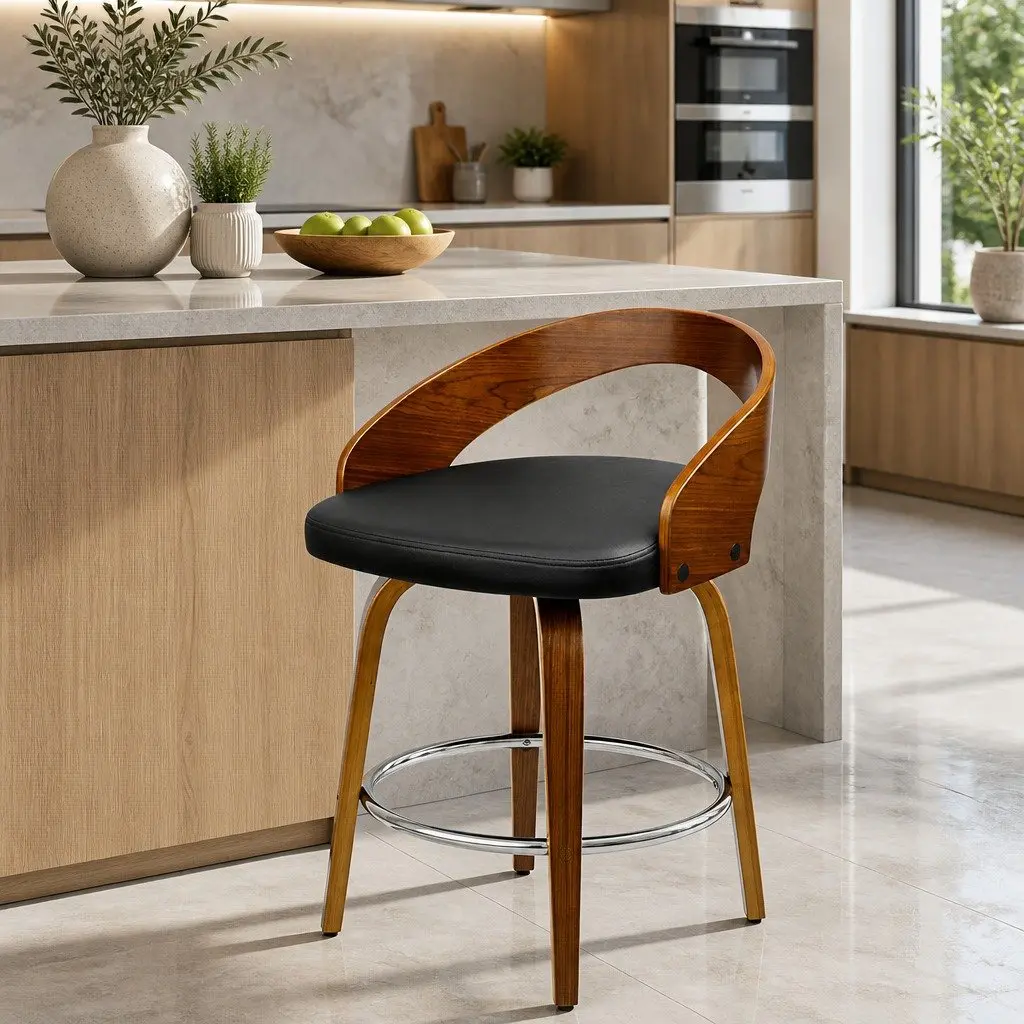 Bar Stools Wooden Swivel Seat Curved Backrest Black Walnut 80cm