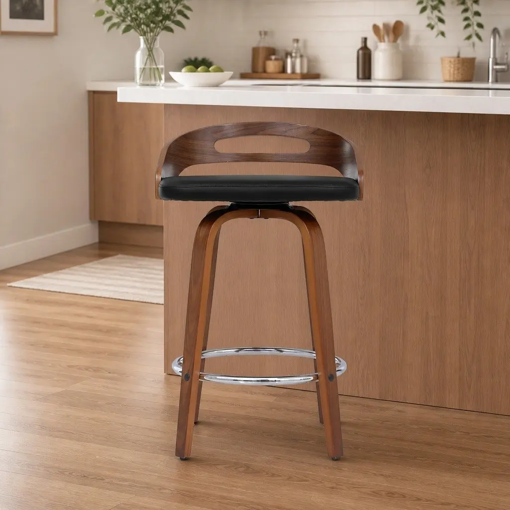 Bar Stools PU Leather Swivel Seat Low Back Black Set of 2