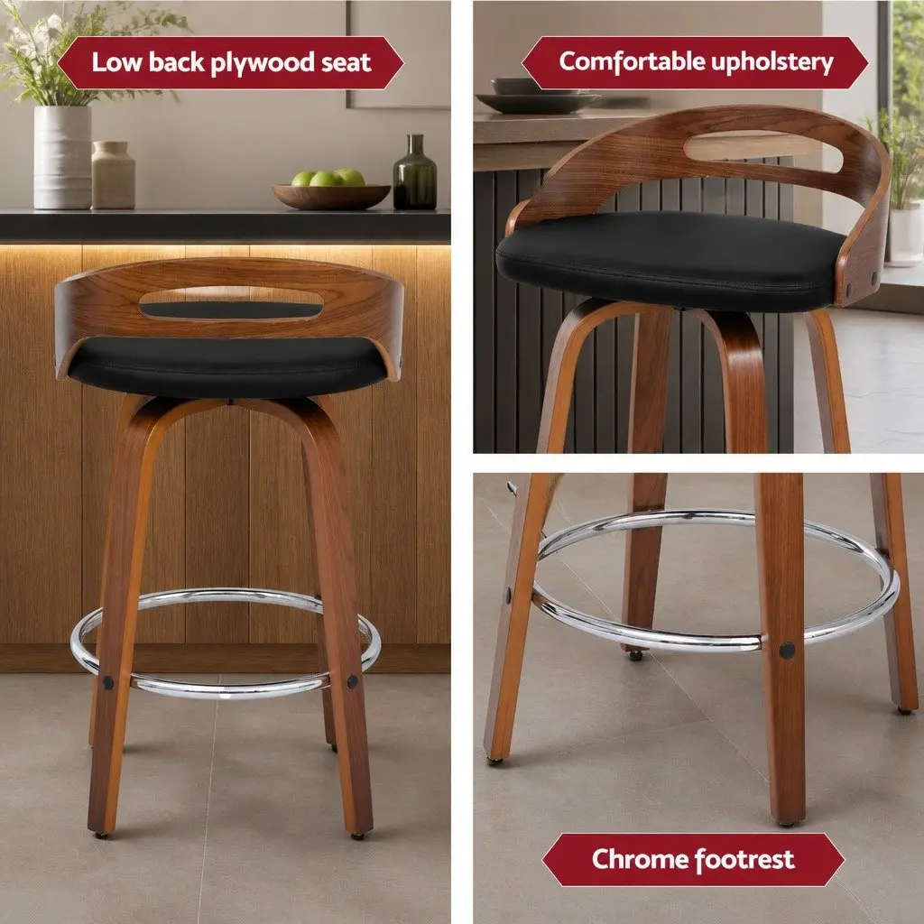 Bar Stools PU Leather Swivel Seat Low Back Black Set of 2