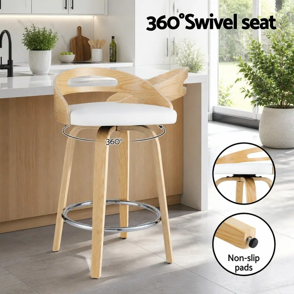 Bar Stools PU Leather Swivel Dining Chairs Low Back White Set of 2