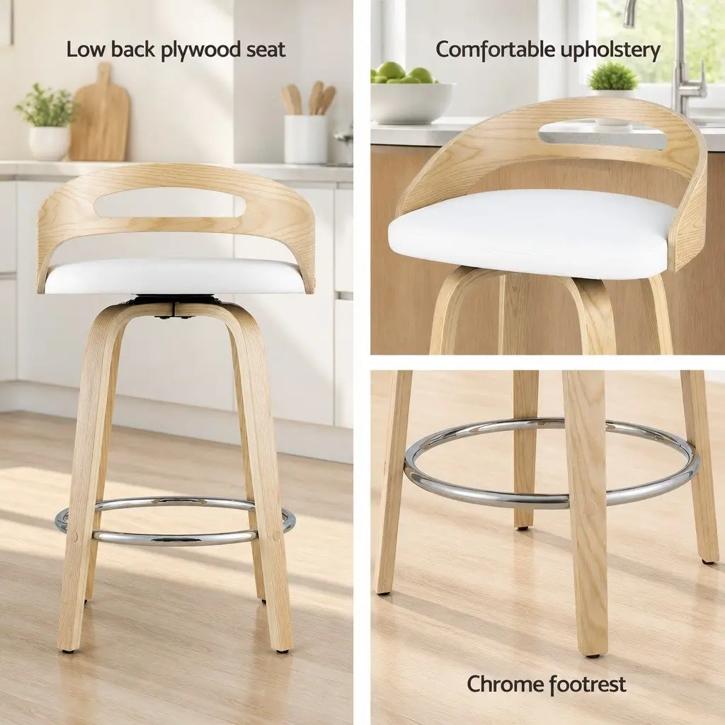 Bar Stools PU Leather Swivel Dining Chairs Low Back White Set of 2