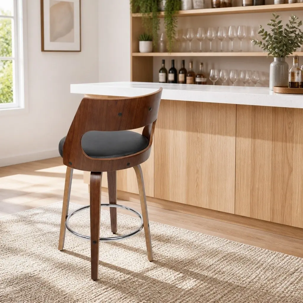 Bar Stools Swivel Chair Wooden Legs Walnut 92cm Height Black Seat