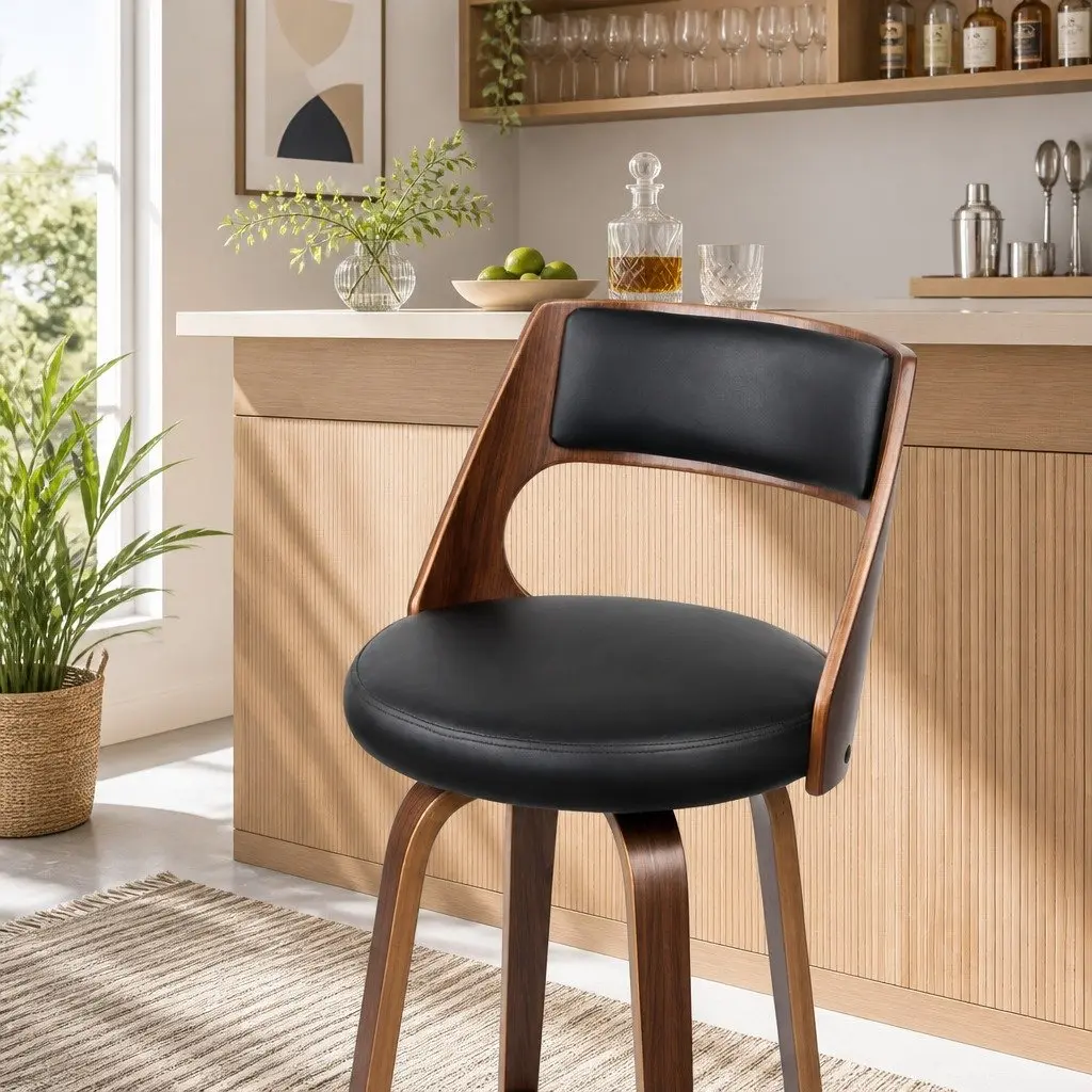 Bar Stools Swivel Chair Wooden Legs Walnut 92cm Height Black Seat