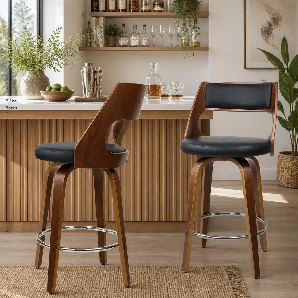 Bar Stools Swivel Chair Wooden Legs Walnut 92cm Height Black Seat
