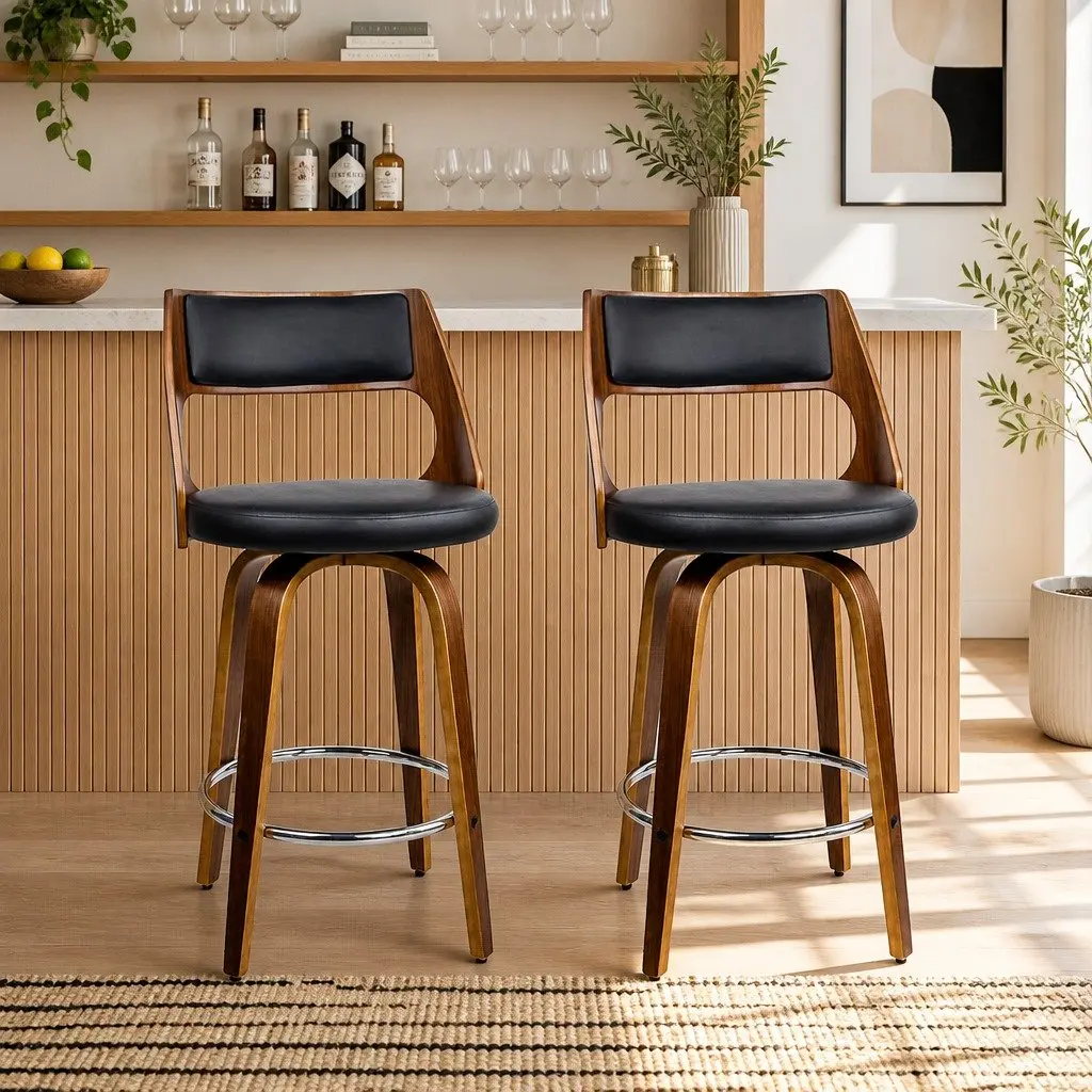Bar Stools Swivel Chair Wooden Legs Walnut 92cm Height Black Seat