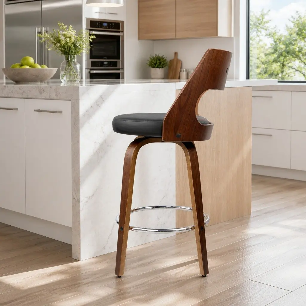 Bar Stools Swivel Chair Wooden Legs 92cm Height Black Padded Seat Set of 4