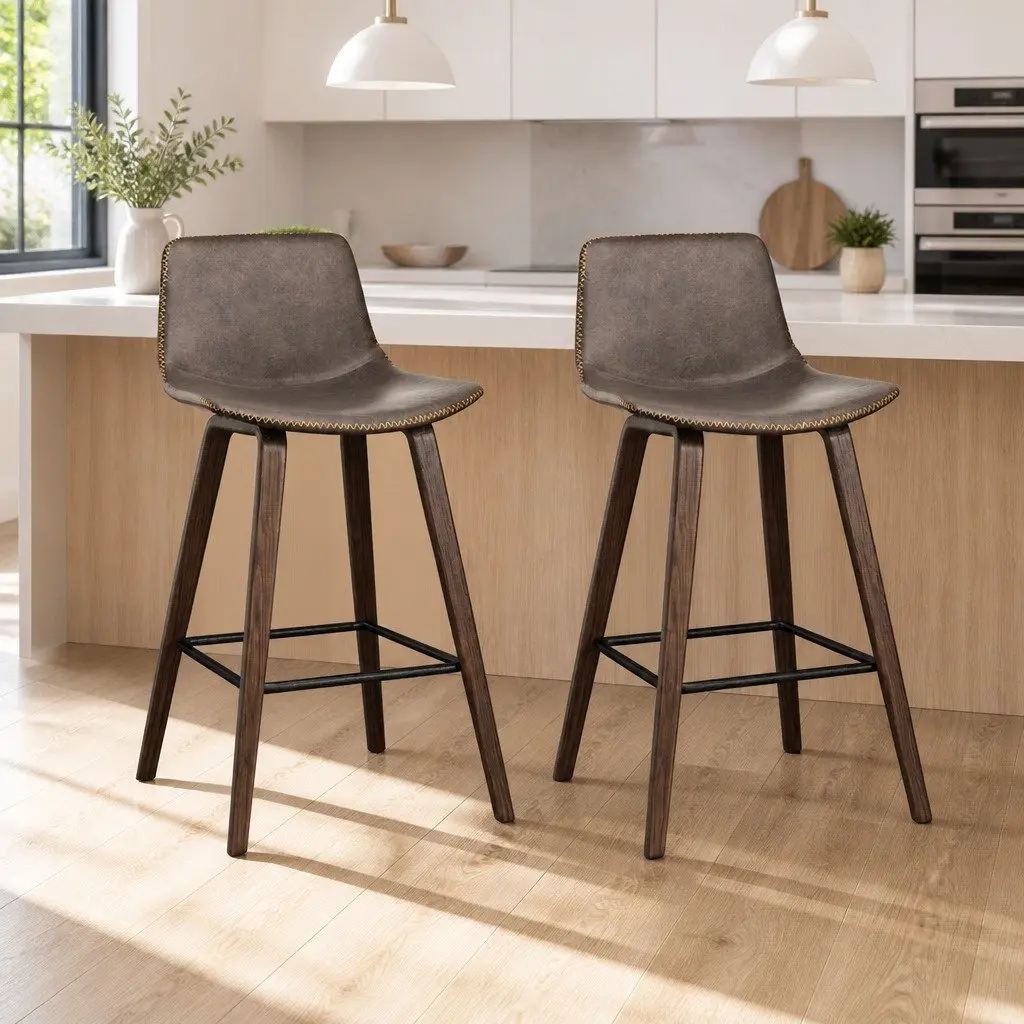 Bar Stools Wooden Backrest Metal Footrest 48.5cm Brown Walnut