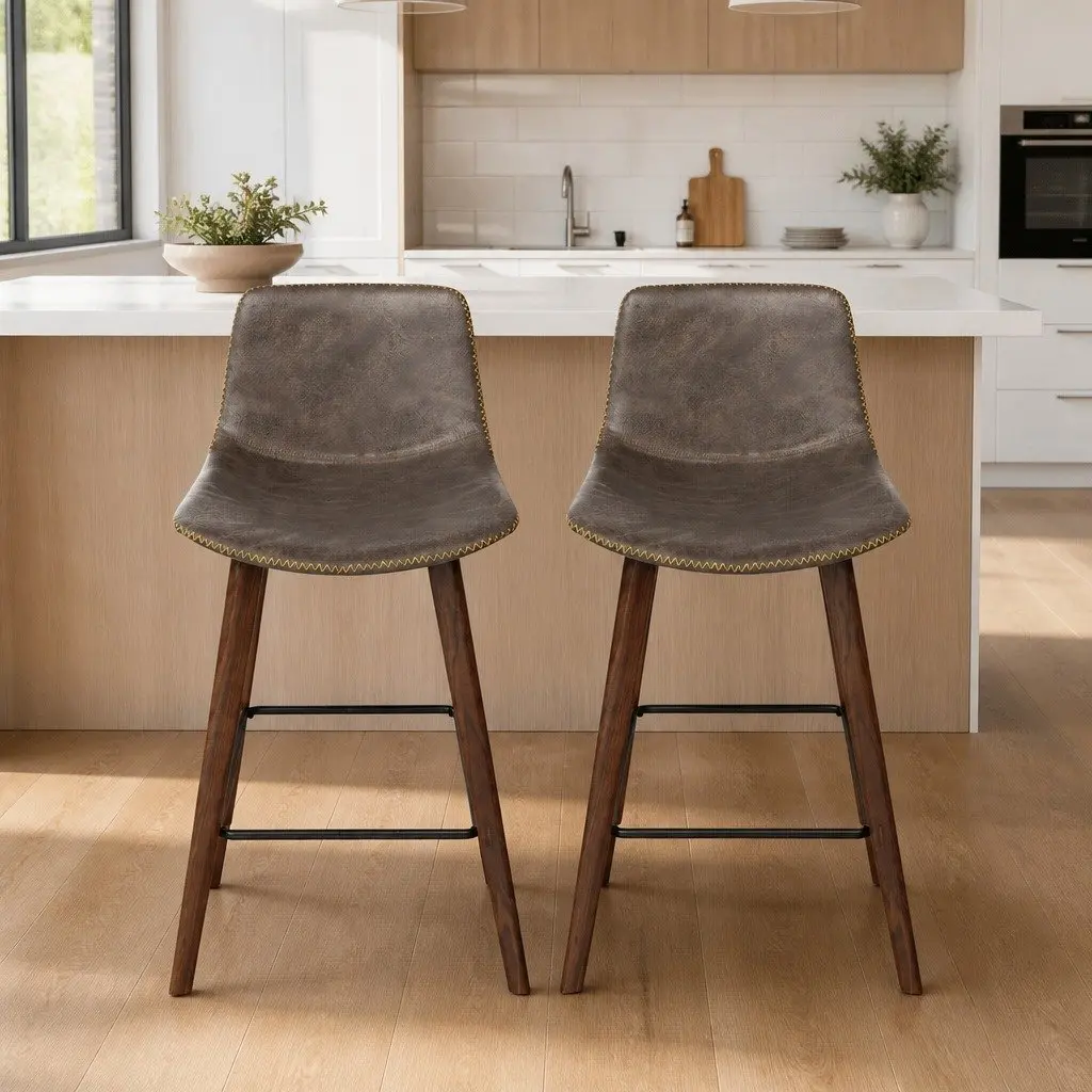 Bar Stools Wooden Backrest Metal Footrest 48.5cm Brown Walnut