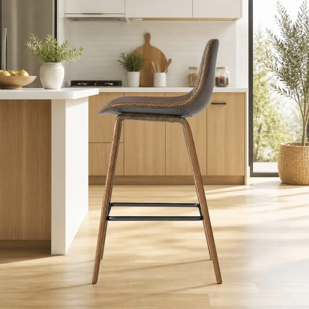 Bar Stools Wooden Backrest Metal Footrest 48.5cm Brown Walnut