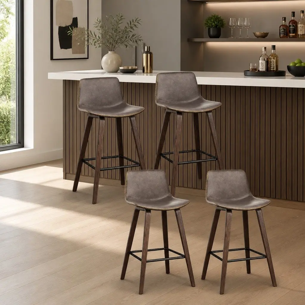 Bar Stools Wooden Bentwood Brown Padded PU Leather Mid-Height Backrest Set of 4