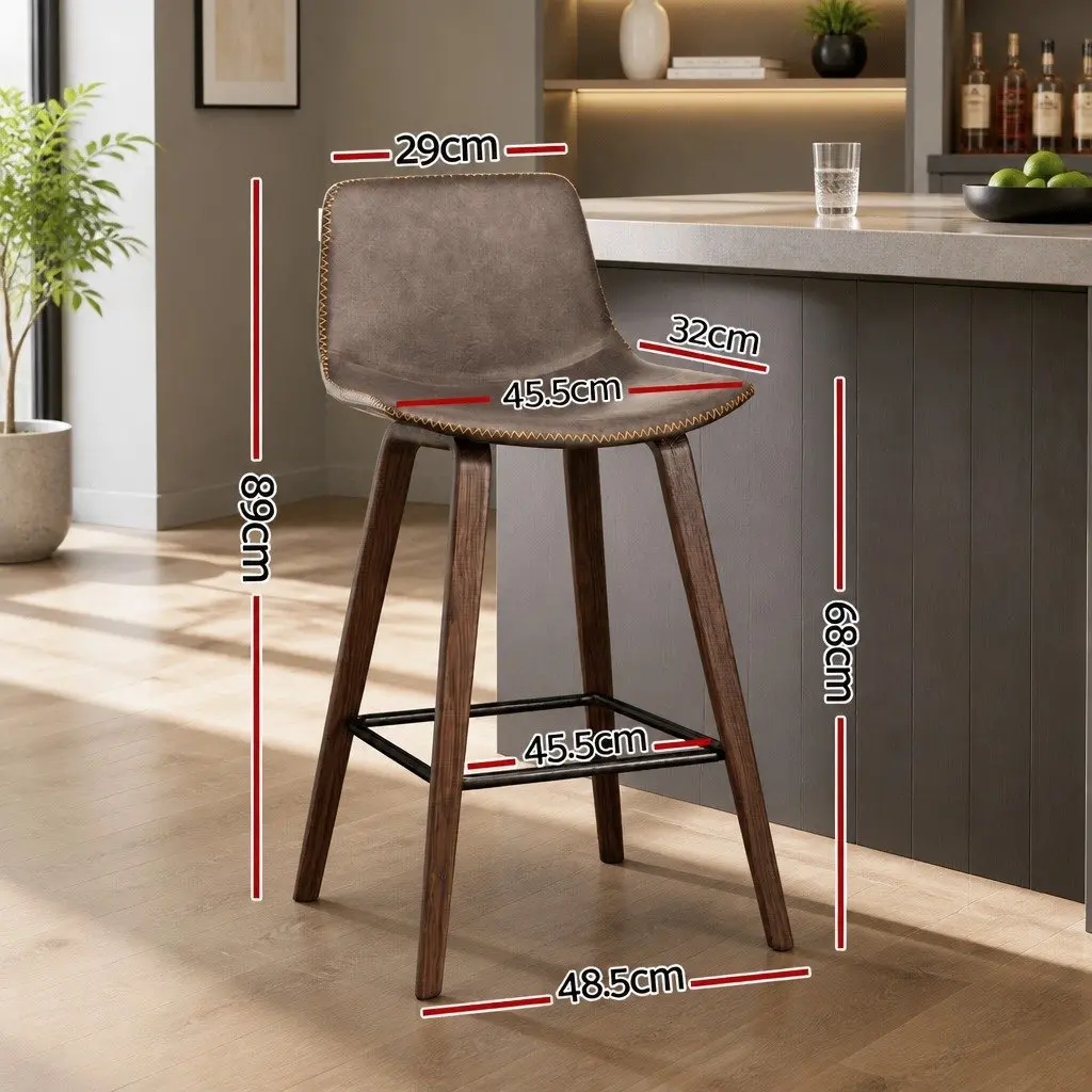 Bar Stools Wooden Bentwood Brown Padded PU Leather Mid-Height Backrest Set of 4