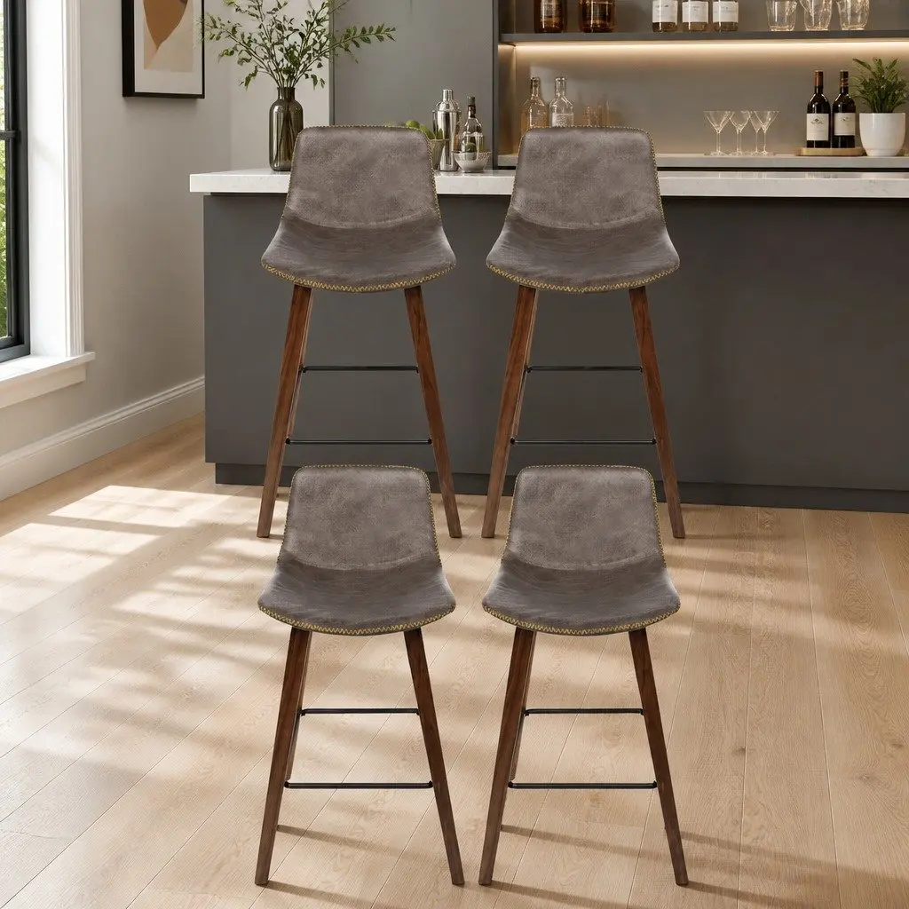 Bar Stools Wooden Bentwood Brown Padded PU Leather Mid-Height Backrest Set of 4