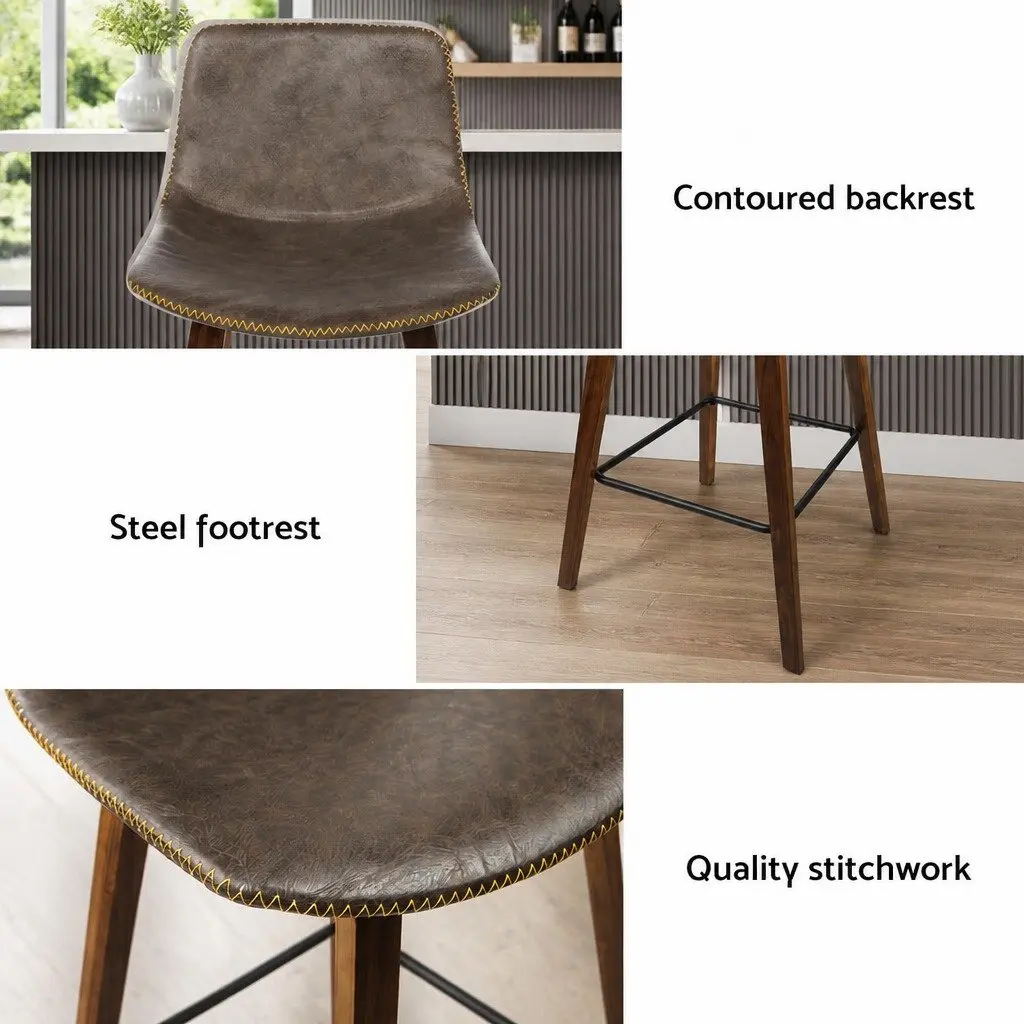 Bar Stools Wooden Bentwood Brown Padded PU Leather Mid-Height Backrest Set of 4