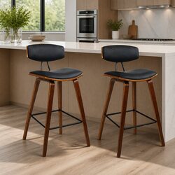 Bar Stools Padded Leather Backrest Set of 2 Black Wooden Frame Kitchen Counter