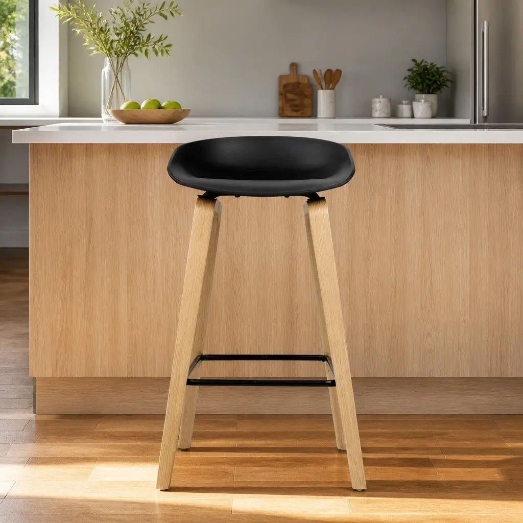 Bar Stools Wooden Legs PP Plastic Seat Metal Footrest Black 2 Piece