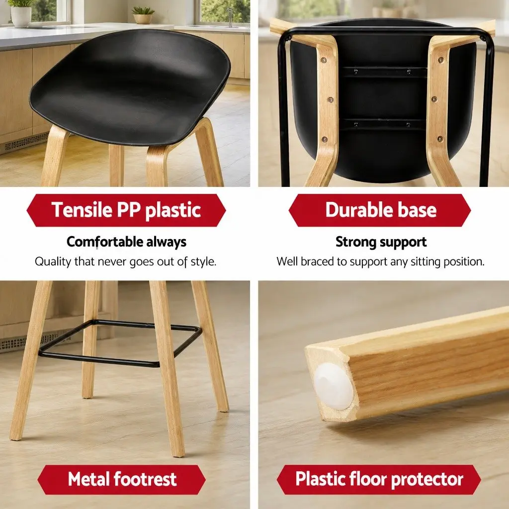 Bar Stools Wooden Legs PP Plastic Seat Metal Footrest Black 2 Piece