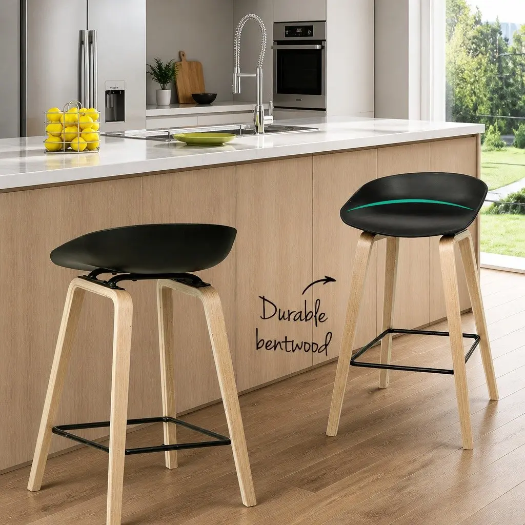 Bar Stools Wooden Legs PP Plastic Seat Metal Footrest Black 2 Piece