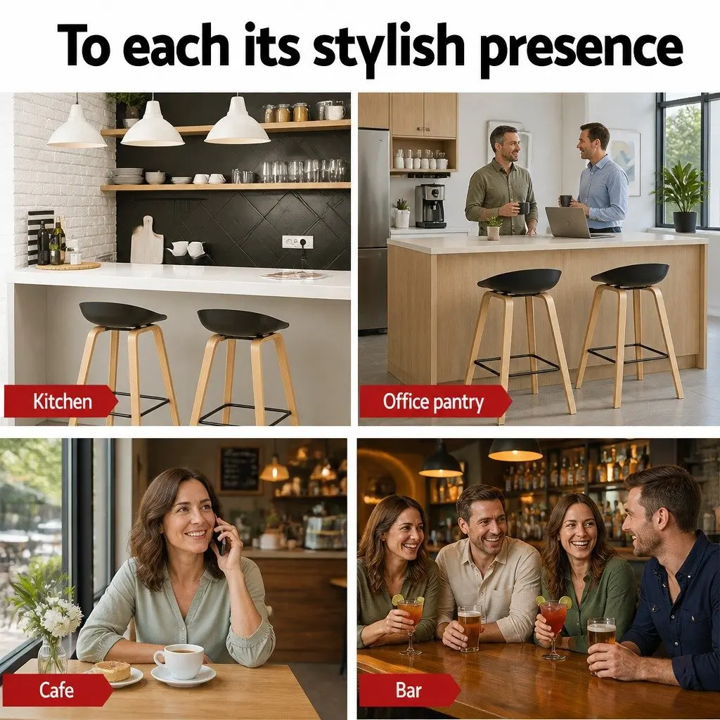 Bar Stools Wooden Legs PP Plastic Seat Metal Footrest Black 2 Piece