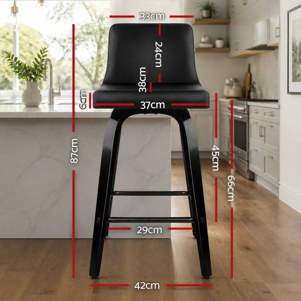 Bar Stools Set of 2 Swivel Kitchen Chairs Black Padded Backrest Mid-Height