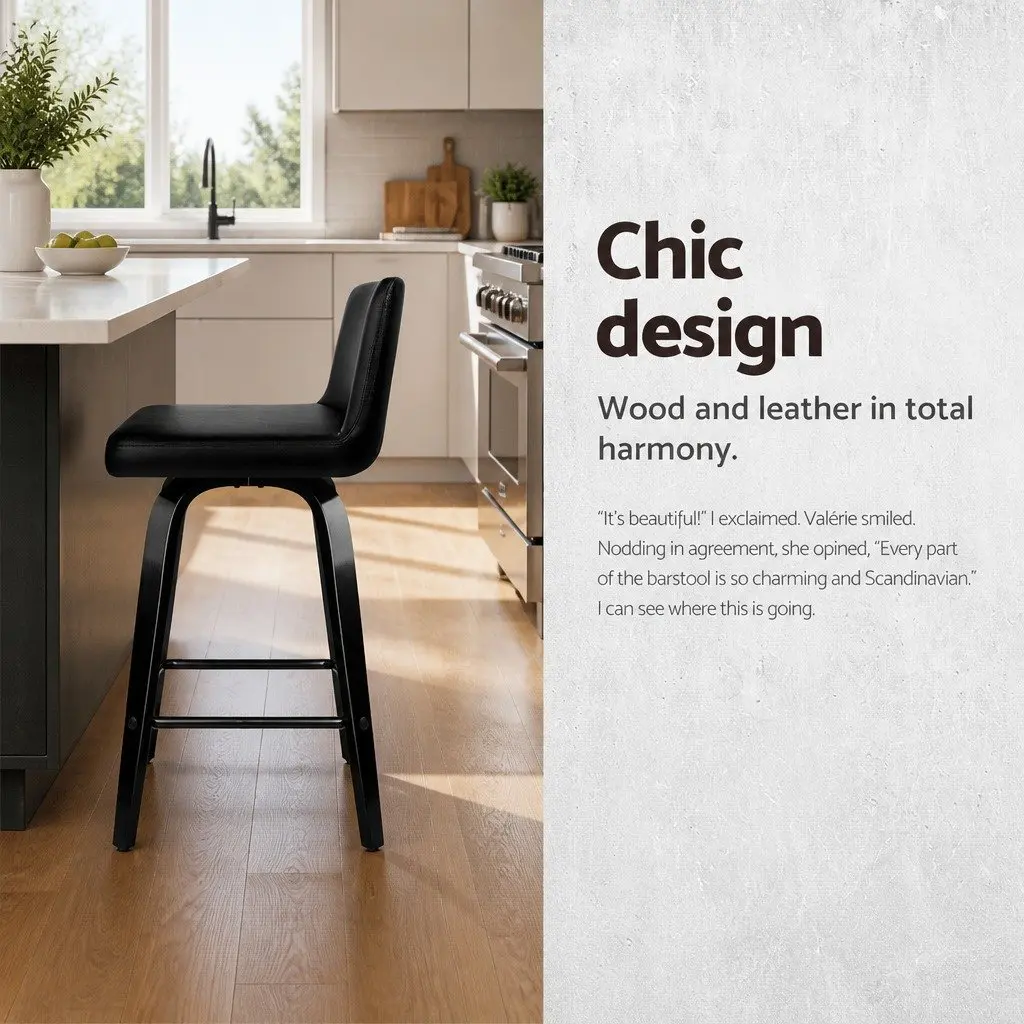 Bar Stools Set of 2 Swivel Kitchen Chairs Black Padded Backrest Mid-Height