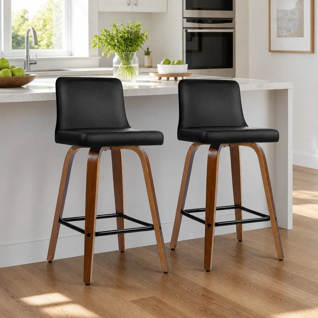 Bar Stools Swivel Padded Backrest 87cm Black PU Leather Wooden 2 Pack