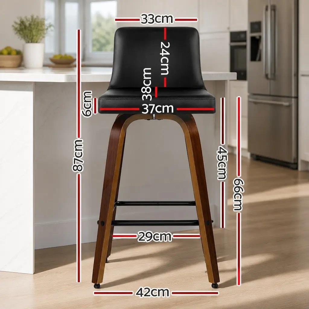 Bar Stools Swivel Padded Backrest 87cm Black PU Leather Wooden 2 Pack