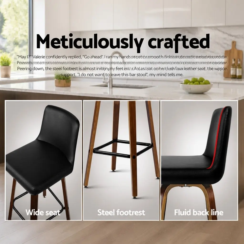Bar Stools Swivel Padded Backrest 87cm Black PU Leather Wooden 2 Pack