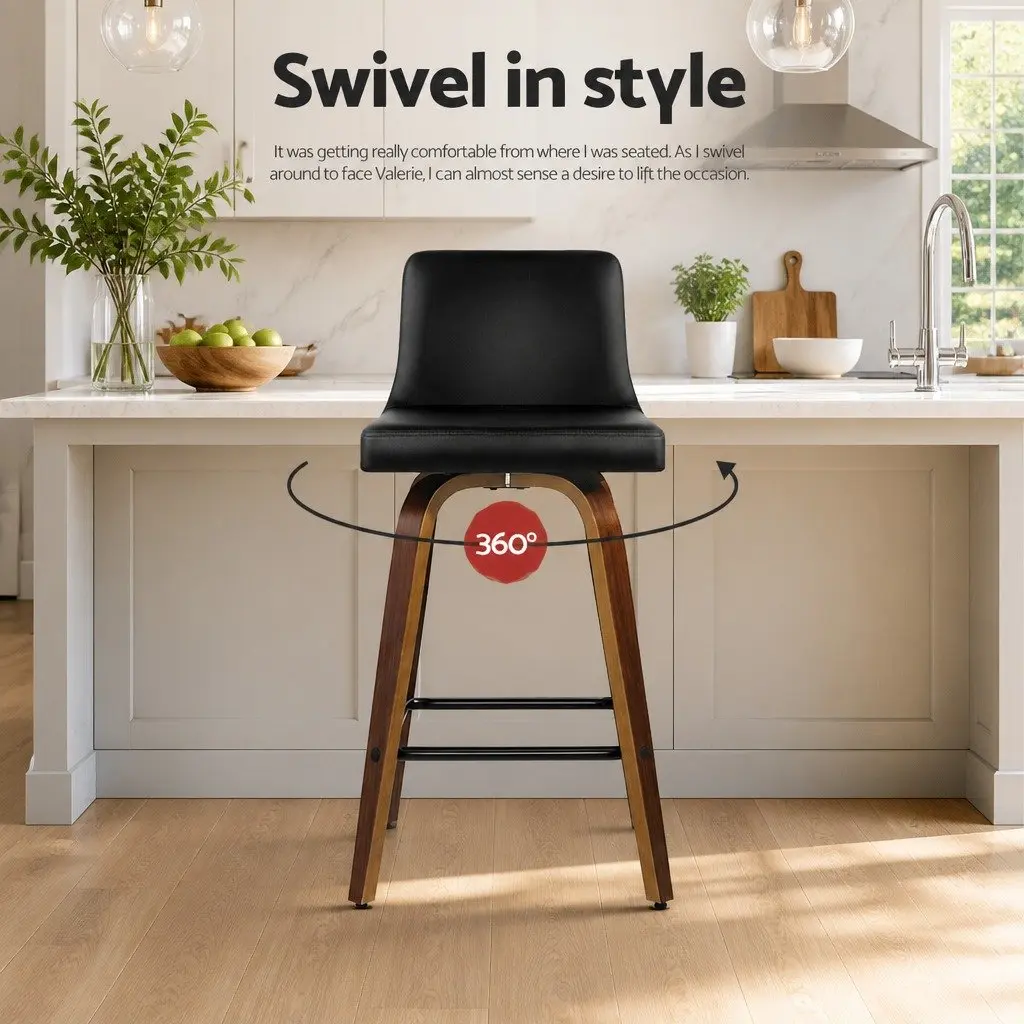 Bar Stools Swivel Padded Backrest 87cm Black PU Leather Wooden 2 Pack