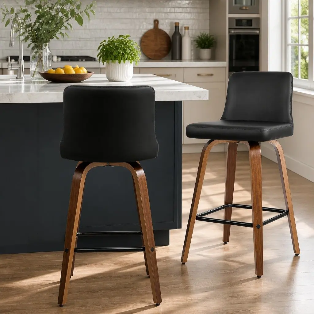 Bar Stools Swivel Padded Backrest 87cm Black PU Leather Wooden 2 Pack