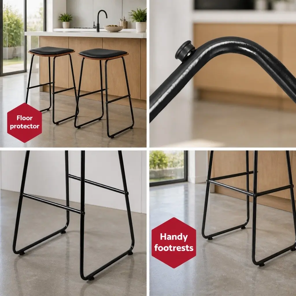 Bar Stools Metal Frame Wooden Base 76cm Black Padded Seat Set of 2