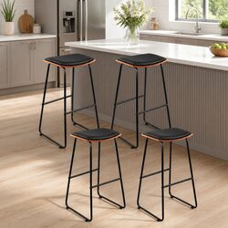 Bar Stools x4 Black Padded Seat Wooden Base Metal Frame Footrest Kitchen