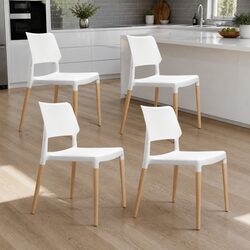 Dining Chairs Set of 4 White Stackable Kitchen Wooden Legs PP Plastic Seat