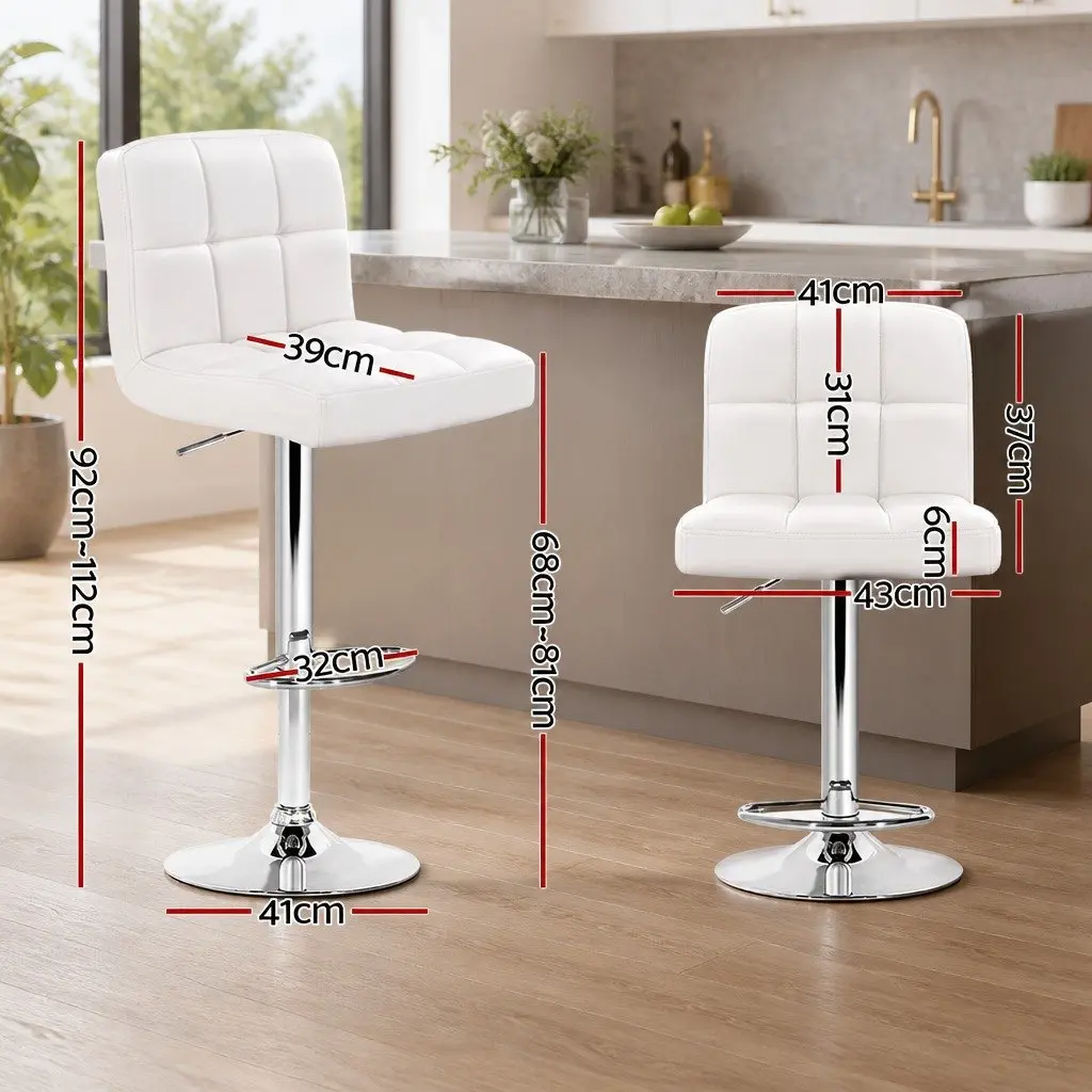 Adjustable Height Bar Stools White Leather Swivel Seat Set of 2 with Cushioned Backrest and Chrome Base