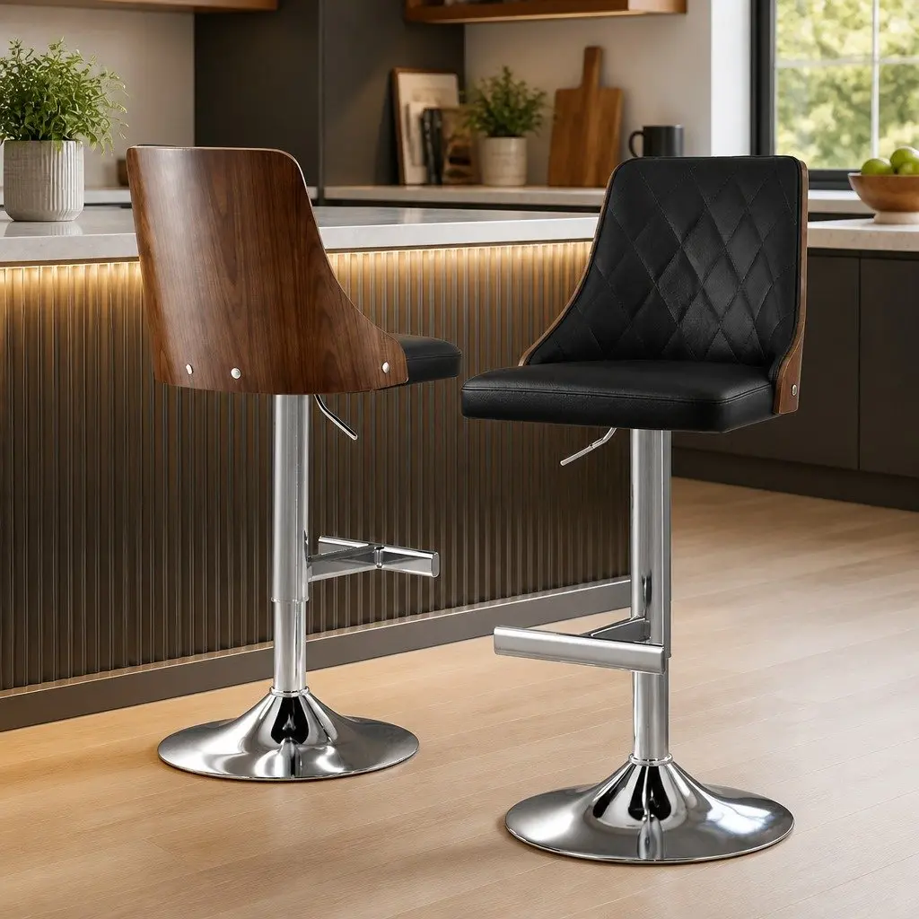 Bar Stools Black Leather Adjustable Height Set of 2 Kitchen Counter Seat