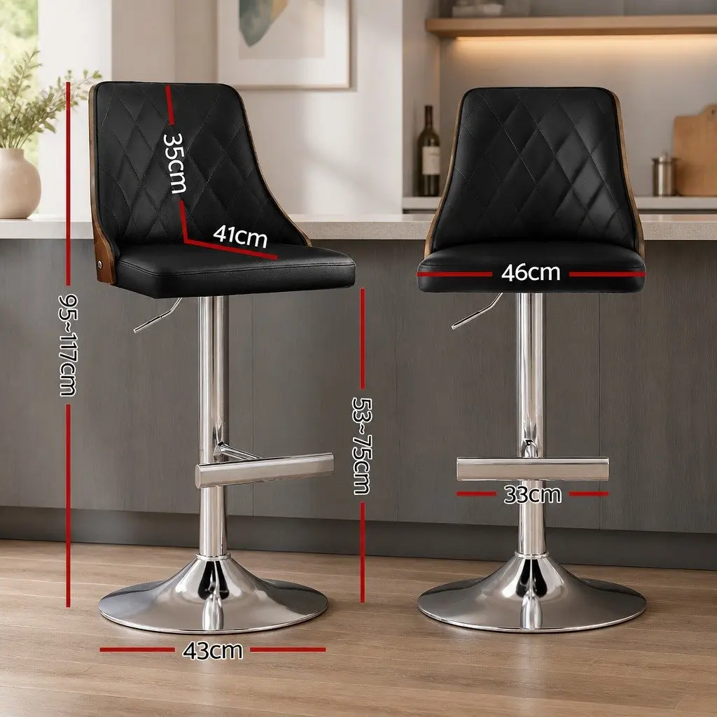 Bar Stools Black Leather Adjustable Height Set of 2 Kitchen Counter Seat