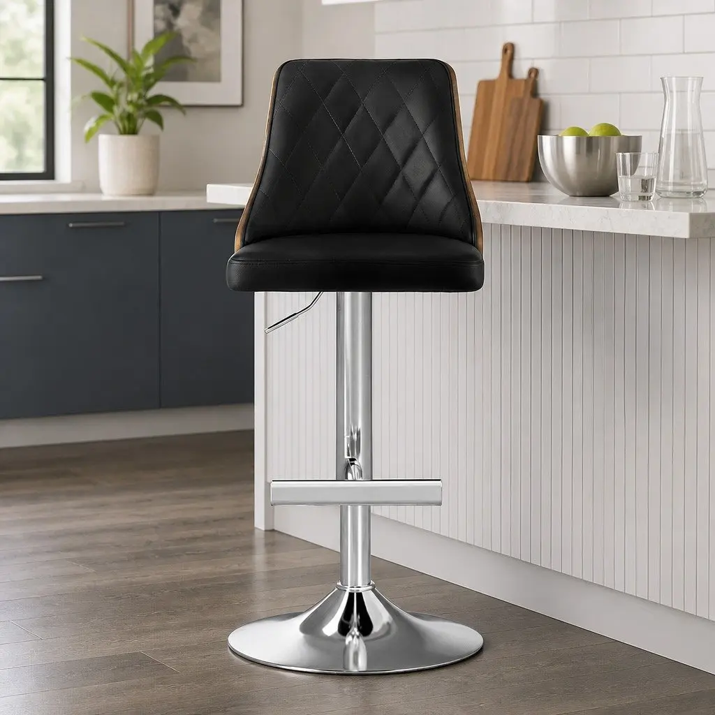 Bar Stools Black Leather Adjustable Height Set of 2 Kitchen Counter Seat