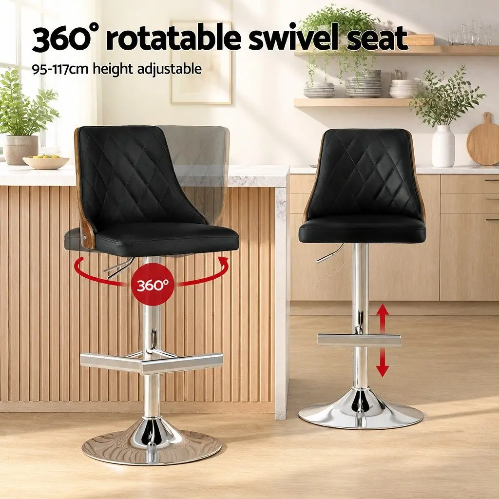 Bar Stools Black Leather Adjustable Height Set of 2 Kitchen Counter Seat