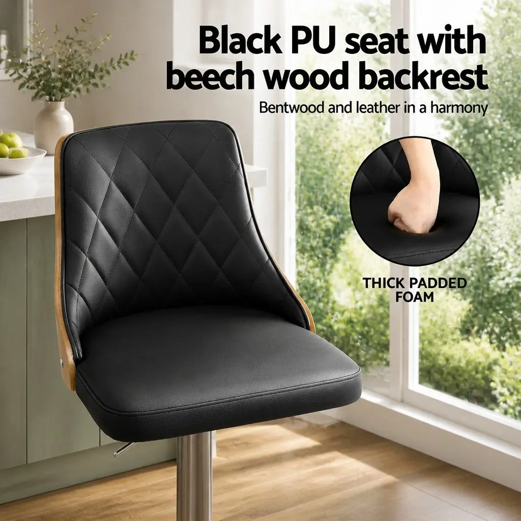Bar Stools Black Leather Adjustable Height Set of 2 Kitchen Counter Seat