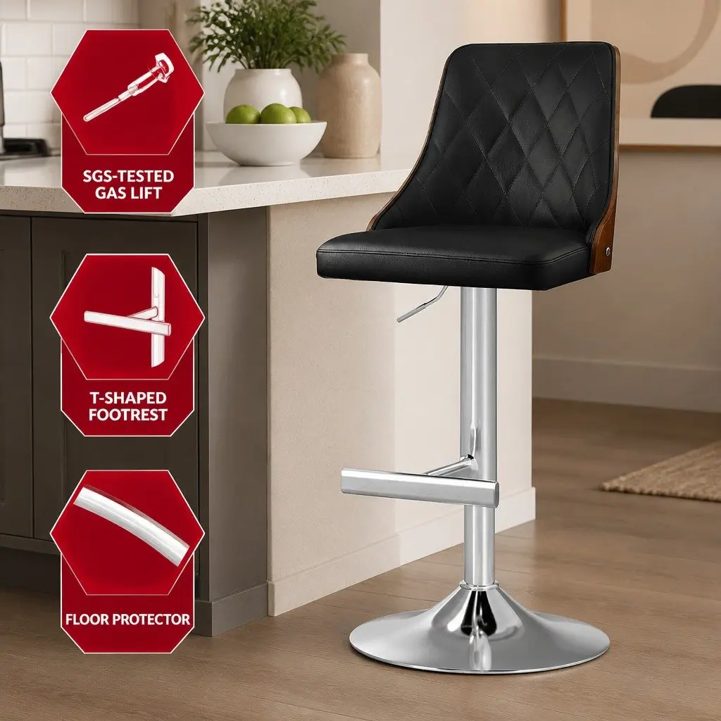 Bar Stools Black Leather Adjustable Height Set of 2 Kitchen Counter Seat